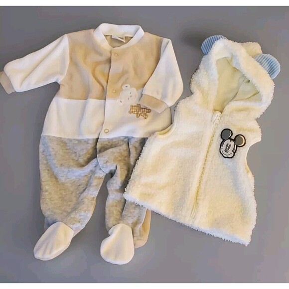 Bundle 2 Disney Baby Boy Mickey Mouse Hooded Vest & Just Too Cute Snap Bodysuit - Picture 9 of 10